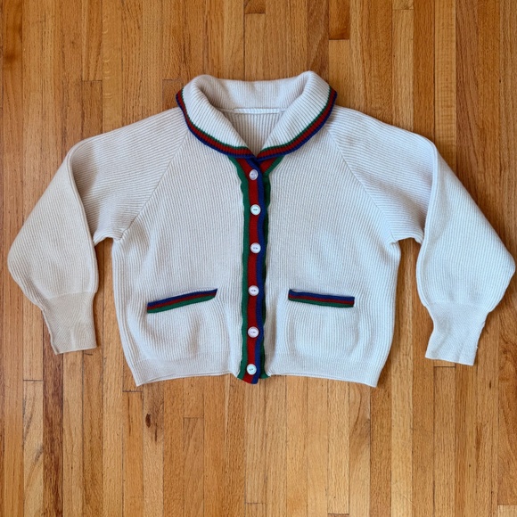Vintage 70s Handmade Cream Knit Cardigan With Stripe Trim - Picture 7 of 8